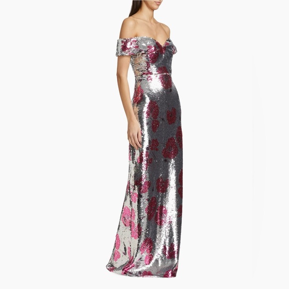 ML Monique Lhuillier Sequined Off The Shoulder Evening Dress - Picture 6 of 13